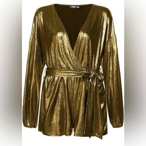 Yoins Sz XL Metallic Gold Wrap Tie Front Romper Pockets‎ Holiday Glam New Years